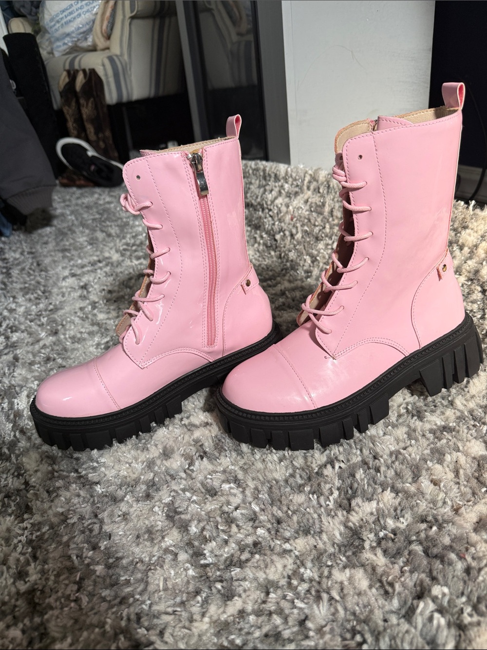 Pink Combat Platform Boots - Women's Lace-Up Fashion Boot - Picture 2 of 3